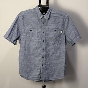 Woolrich Shirt Mens Large Blue Chambray Button Up‎ Short Sleeve Pockets Casual
